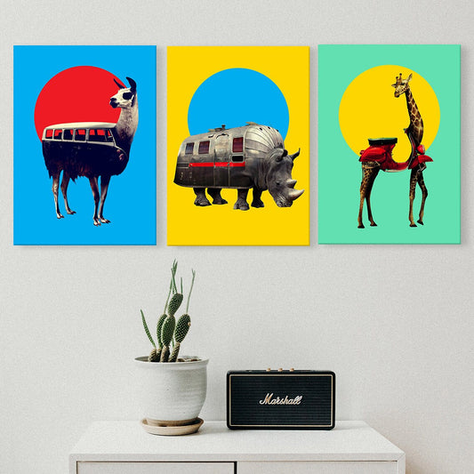 Set of 3 Animal Canvas Print, Funny Animal Art Canvas Set, Animal Wall Decor Gift, Canvas Wall Art Gift, Travel Home Decor Art By Ali Gulec