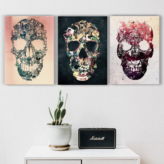 Set of 3 Canvas Print, 3 Piece Skull Set, Canvas Wall Art Gift, Sugar Skull Gothic Art Print, Vintage Skull Home Decor Gift, Skull Art Gift