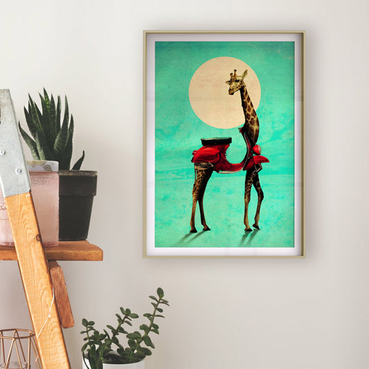 Giraffe Art Print, Funny Animal Wall Art, Adventure Poster, Scooter Print Home Decor Gift, Wild Animal Illustration Art By Ali Gulec