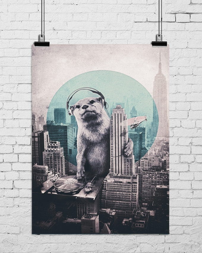 Giant Otter Art Print, Funny Animal Wall Art, Music DJ Otter Poster, Monster Print Home Decor Gift, Animal Art Illustration By Ali Gulec