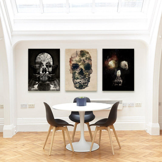 Skull Set of 3 Canvas Print, Black And White Skull Wall Art, 3 Set Canvas Art Gift, Sugar Skull Home Decor, Free Shipping, Art By Ali Gulec