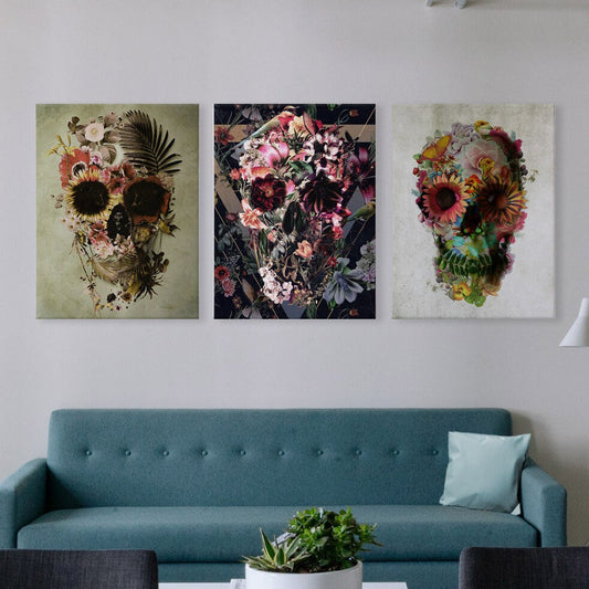Set Of 3 Canvas Print, Flower Skull Canvas Art, Sugar Skull Wall Art, Skull Art Print, Skull Art Home Decor Gift, Skull Illustration Gift