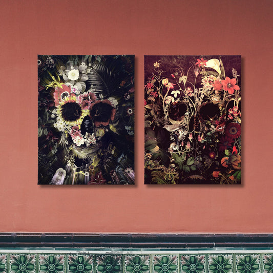 Set of 2 Skull Canvas Print, Gothic Skull Art Set, 2 Piece Flower Skull Canvas Set, Skull Decor, Floral Skull Wall Art Gift, Boho Home Decor
