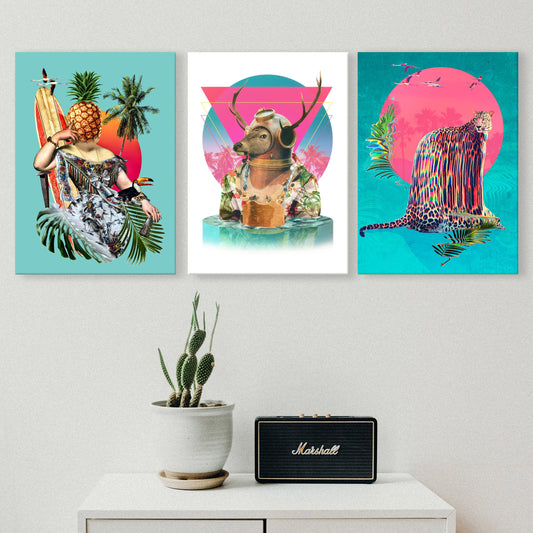 Summer Mood Set of 3 Canvas Print, Funny Animal Canvas Art Print Set, Tropical Wall Decor, Canvas Wall Art Gift, Home Decor Art By Ali Gulec