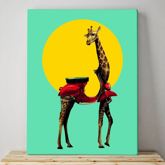 Giraffe Canvas Print, Colorful Animal Wall Art, Funny Giraffe Scooter Canvas Home Decor, Gift, Animal Art Print Wall Decor, Art By Ali Gulec