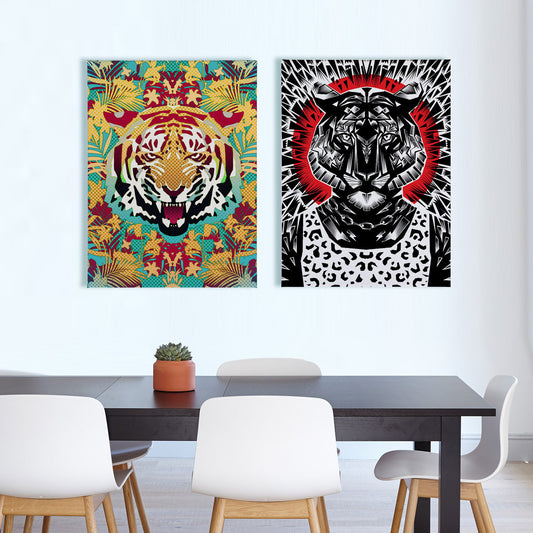 Set of 2 Tiger Canvas Prints, Abstract Tiger Print Set, Geometric Animal Pattern 2 Piece Home Decor Gift, Canvas Wall Art Print By Ali Gulec