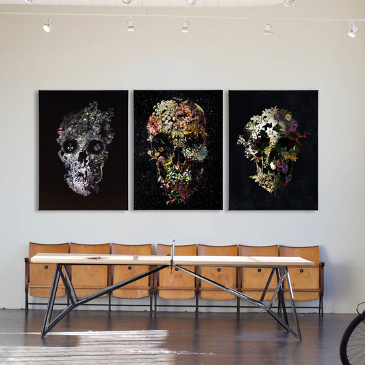 Set of 3 Canvas Skull Art Print, 3 Piece Sugar Skull Print Canvas Home Decor, Flower Skull Wall Art Canvas Print Gift, Gothic Skull Art