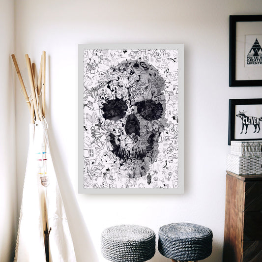Doodle Skull Poster, Black And White Sugar Skull Wall Art, Gothic Skull Drawing Home Decor Gift, Cartoon Skull Art Print Spooky Wall Decor
