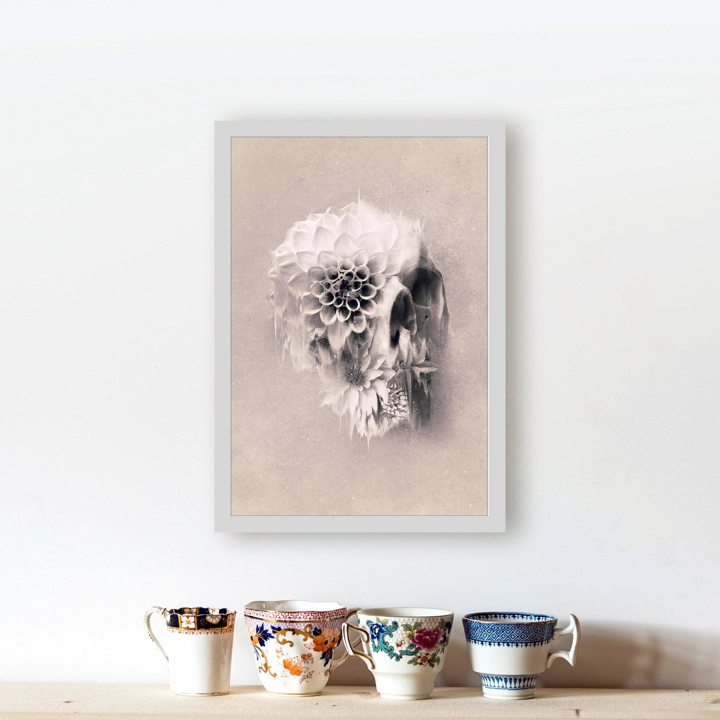 Decay Skull Poster, Sugar Skull Art Print, Flower Skull Poster Wall Art Gift, Light Tones Floral Skull Art Home Decor, Drawing by Ali Gulec