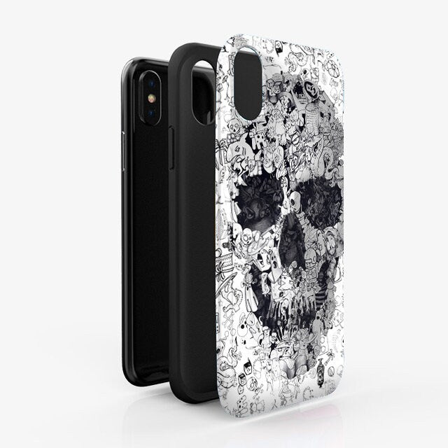 Doodle Skull iPhone 15 Case, Black And White Skull iPhone Case, Halloween Skull Case Gift