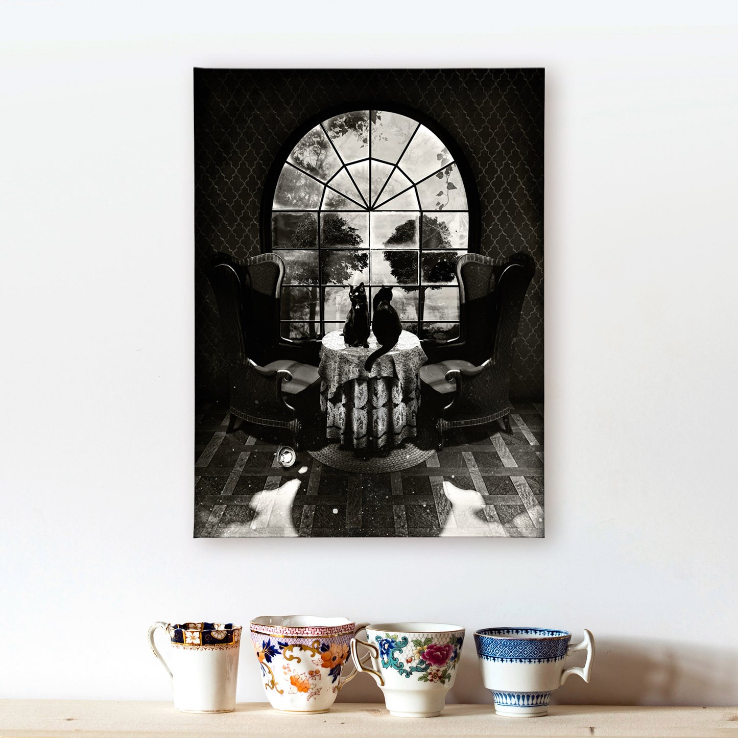 Skull Canvas Print, Black And White Skull Canvas Art Print, Gothic Sugar Skull Cats Canvas Art Home Decor Gift, Room Skull Illusion Wall Art