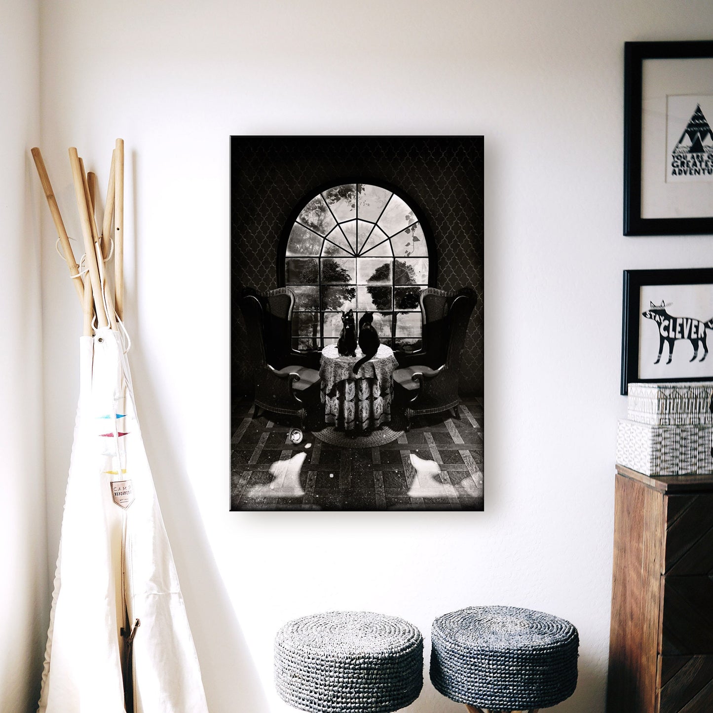 Skull Canvas Print, Black And White Skull Canvas Art Print, Gothic Sugar Skull Cats Canvas Art Home Decor Gift, Room Skull Illusion Wall Art