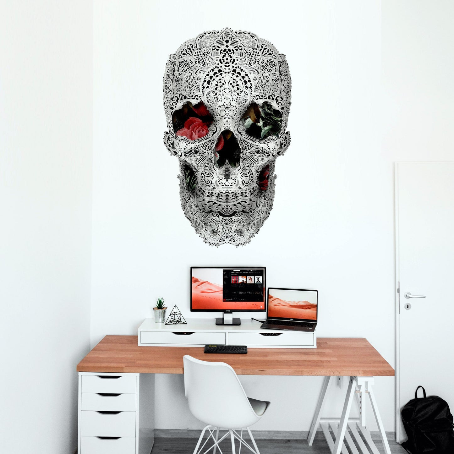 Lace Wall Decal, Lace Skull Drawing Wall Sticker, Black And White Sugar Skull Wall Art Home Decor, Gothic Skull Wall Art Gift, Skull Decal