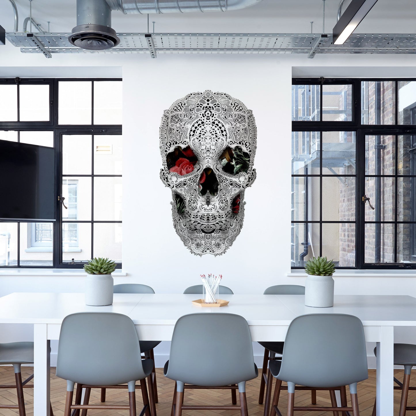 Lace Wall Decal, Lace Skull Drawing Wall Sticker, Black And White Sugar Skull Wall Art Home Decor, Gothic Skull Wall Art Gift, Skull Decal