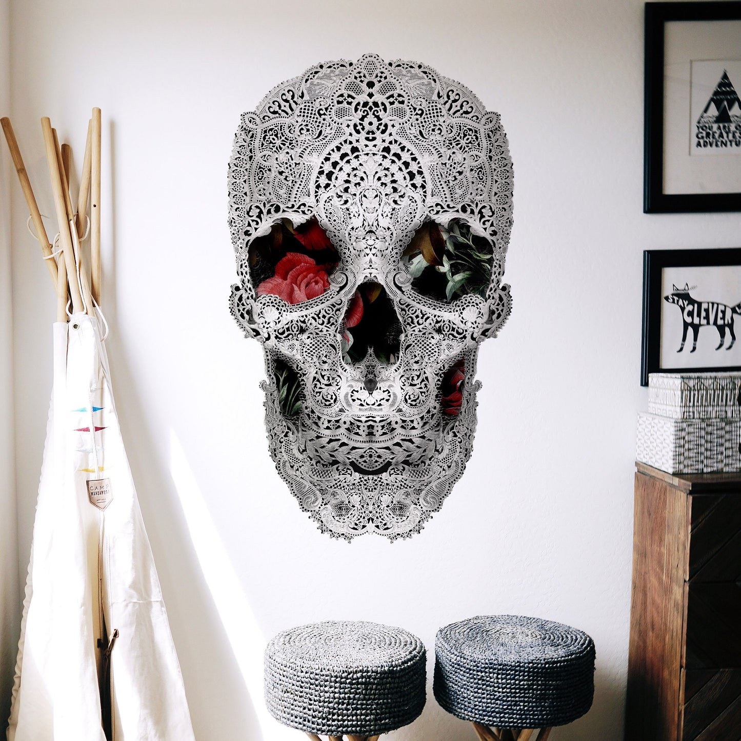 Lace Wall Decal, Lace Skull Drawing Wall Sticker, Black And White Sugar Skull Wall Art Home Decor, Gothic Skull Wall Art Gift, Skull Decal