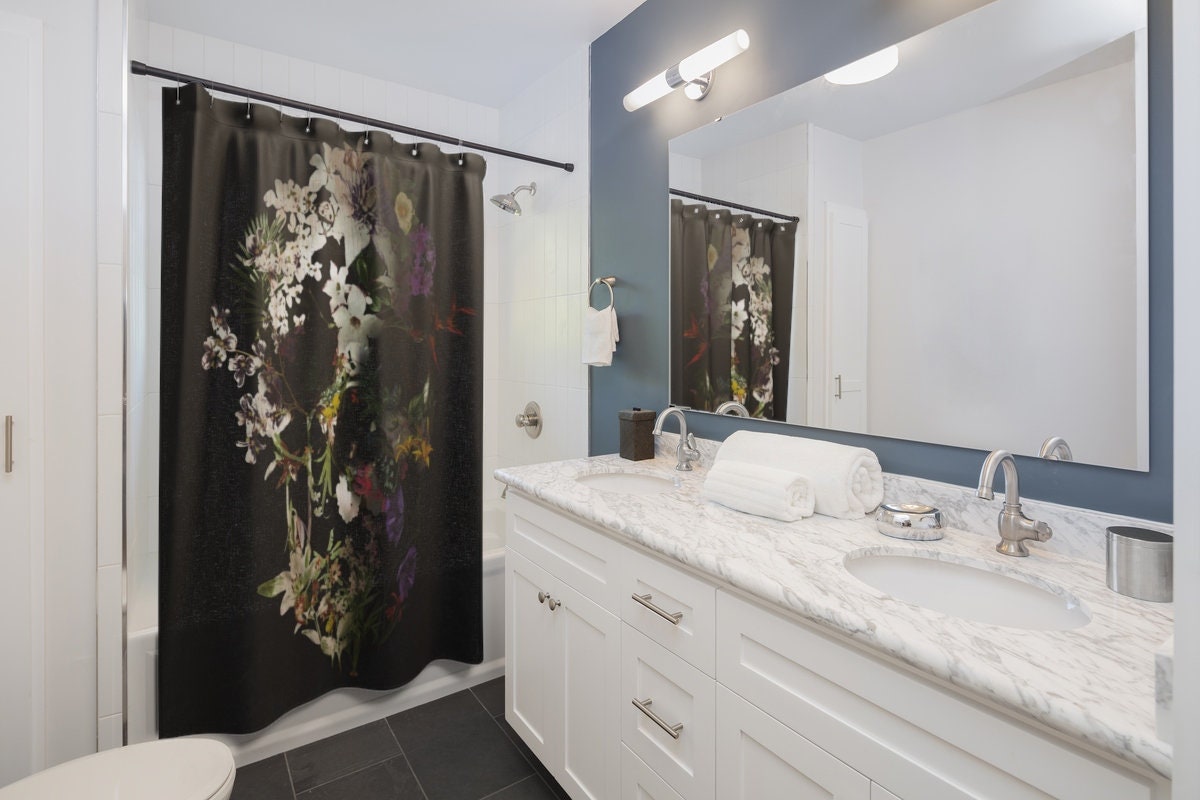 Floral Shower Curtain, Flower Skull Shower Curtain Decor, Gothic Sugar Skull Shower Curtain Home Decor, Skull Print Modern Bathroom Decor