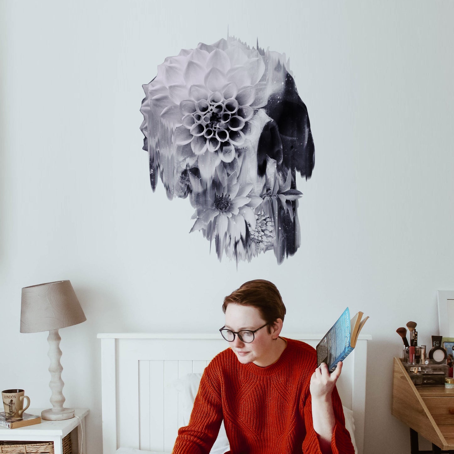 Gothic Floral Skull Decal - Extra Large Skull Wall Sticker - Vintage Botanical Skull Art - Dark Aesthetic Decor