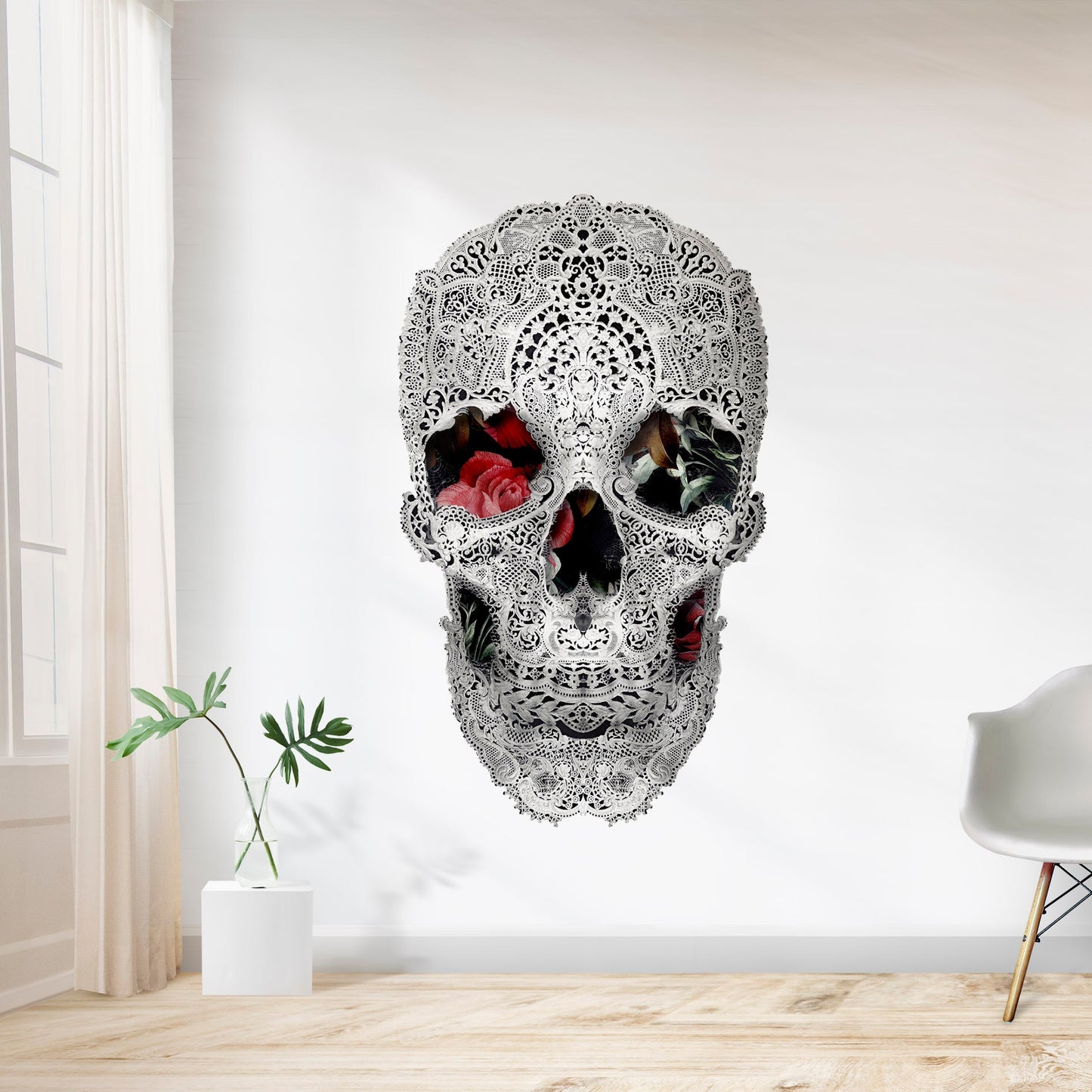 Lace Wall Decal, Lace Skull Drawing Wall Sticker, Black And White Sugar Skull Wall Art Home Decor, Gothic Skull Wall Art Gift, Skull Decal