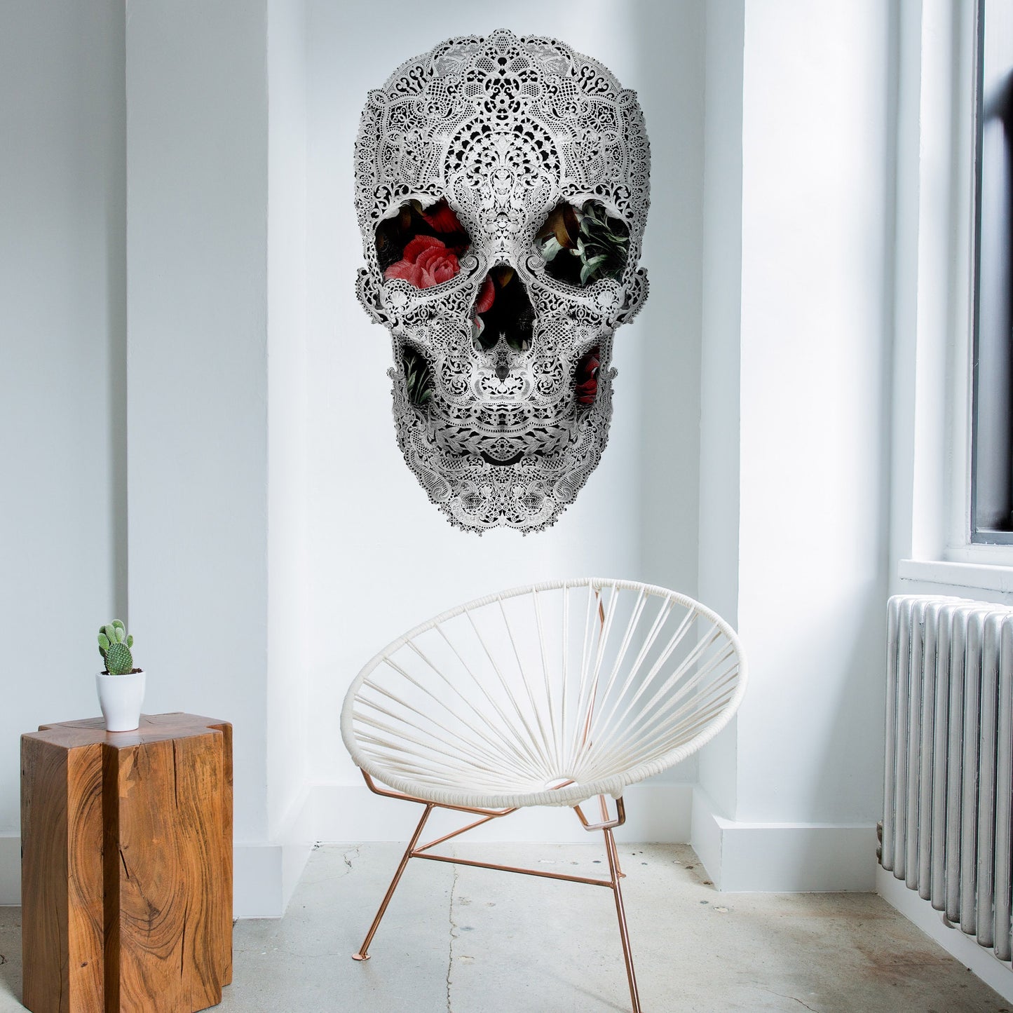 Lace Wall Decal, Lace Skull Drawing Wall Sticker, Black And White Sugar Skull Wall Art Home Decor, Gothic Skull Wall Art Gift, Skull Decal