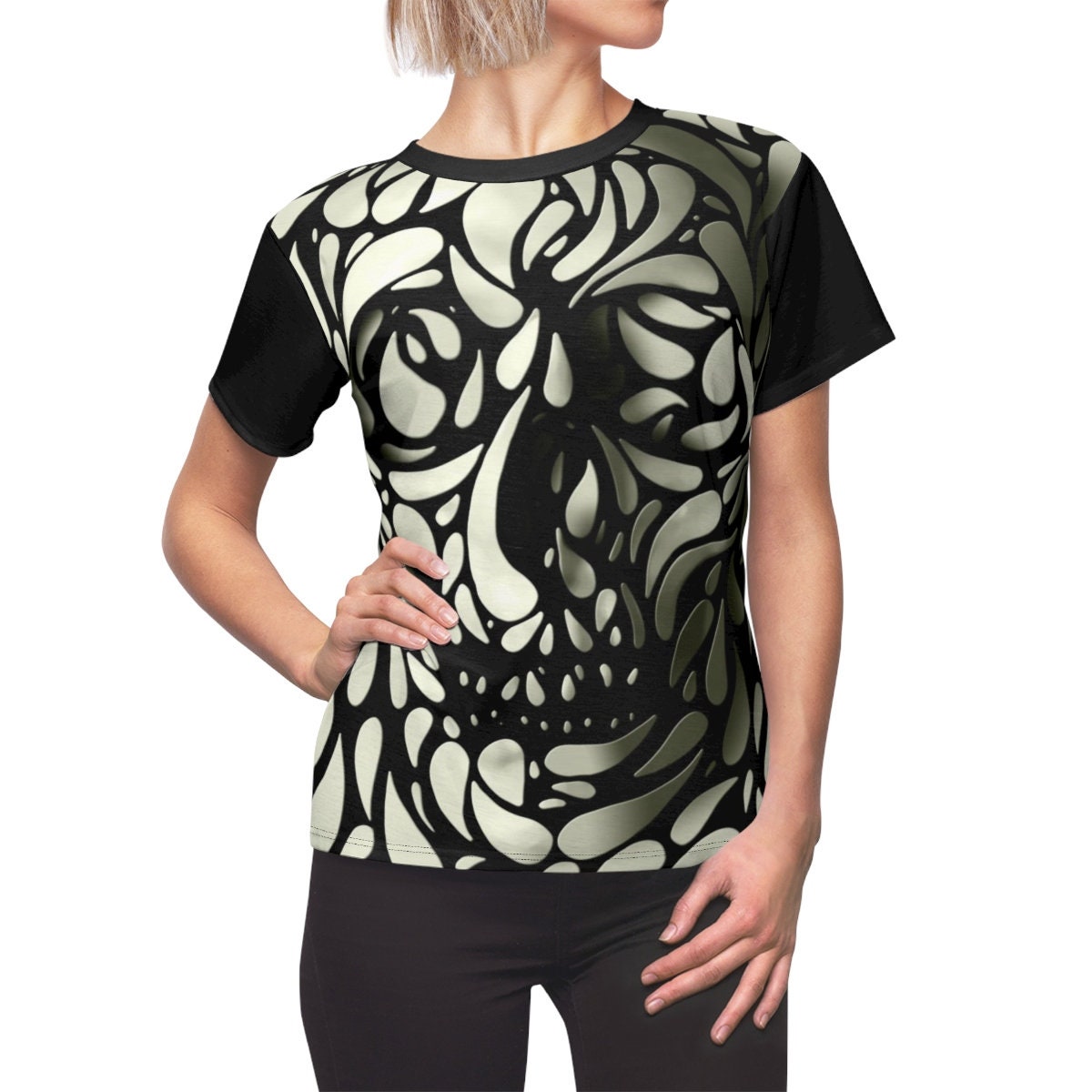 3D Skull Women's T-Shirt,  All Over Print Skull Womens Shirt, Gothic Sugar Skull Gift For Her, Skull Pattern Shirt