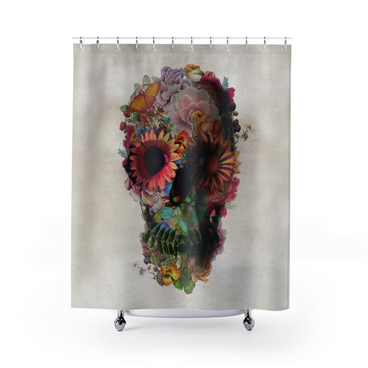 Boho Skull Shower Curtain, Sugar Skull Shower Curtain Decor, Floral Gothic Sugar Skull Shower Curtain Home Decor, Skull Bathroom Decor