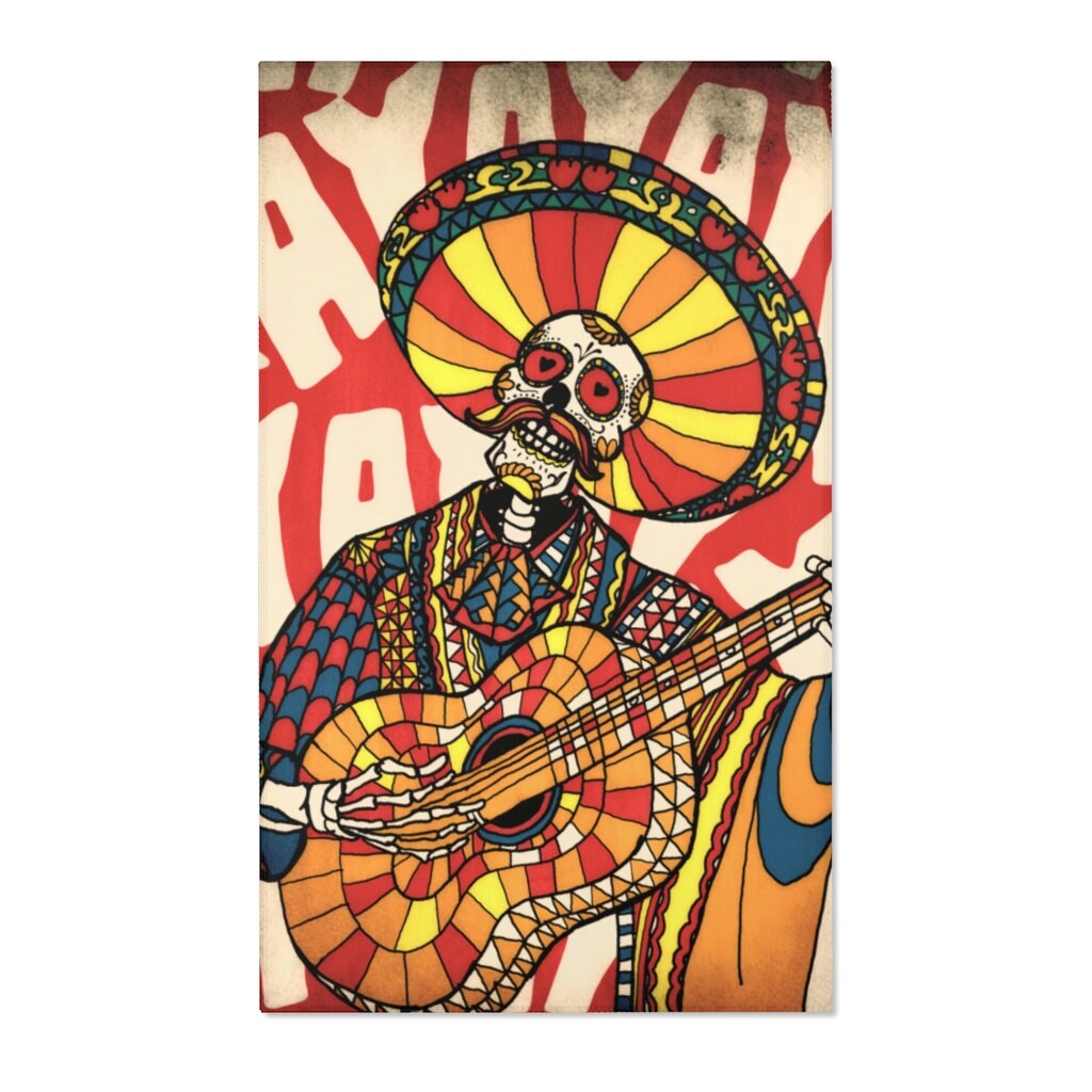 Mariachi Skull Area Rug, Sugar Skull Room Decor, Gothic Mexican Skull Durable Floor Art, Colorful Floor Rug