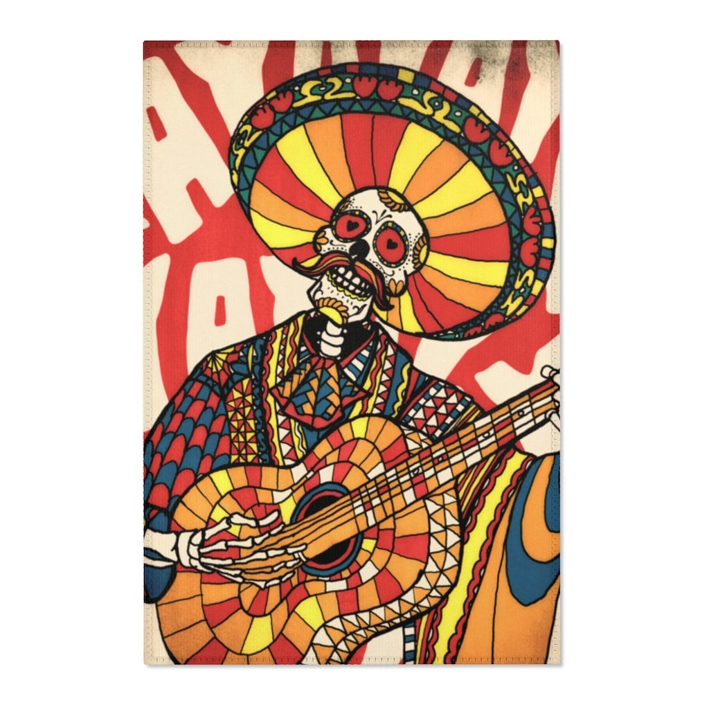 Mariachi Skull Area Rug, Sugar Skull Room Decor, Gothic Mexican Skull Durable Floor Art, Colorful Floor Rug