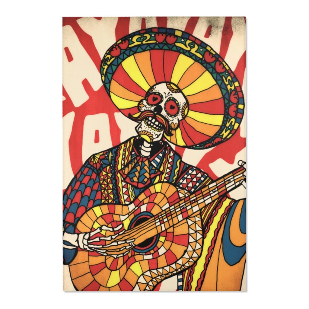 Mariachi Skull Area Rug, Sugar Skull Room Decor, Gothic Mexican Skull Durable Floor Art, Colorful Floor Rug