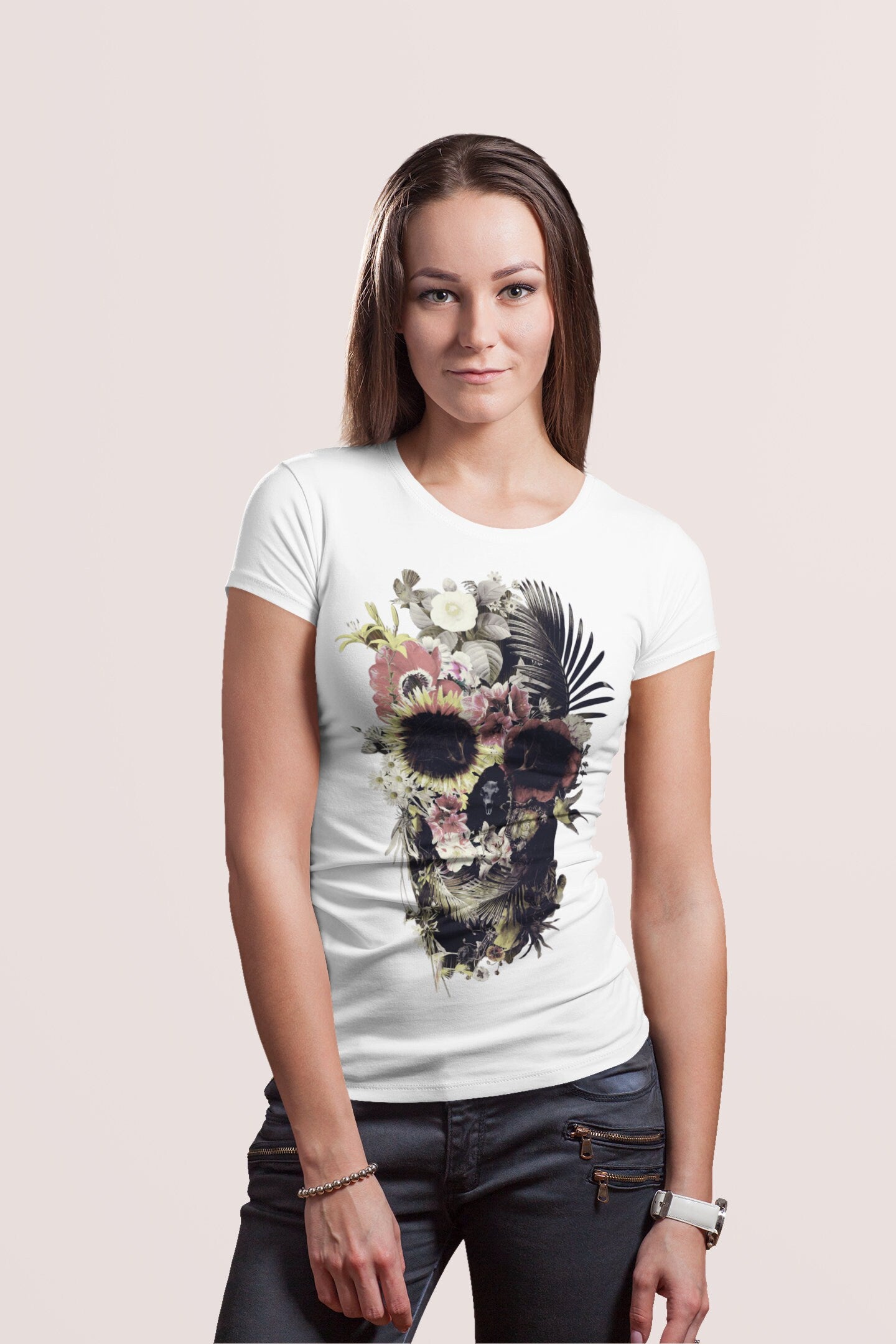 Floral Skull Print Womens T shirt, Sugar Skull Art Tshirt Gift For Her, Boho Skull Print Tshirt, Gothic Skull Bella Canvas Tshirt Gift