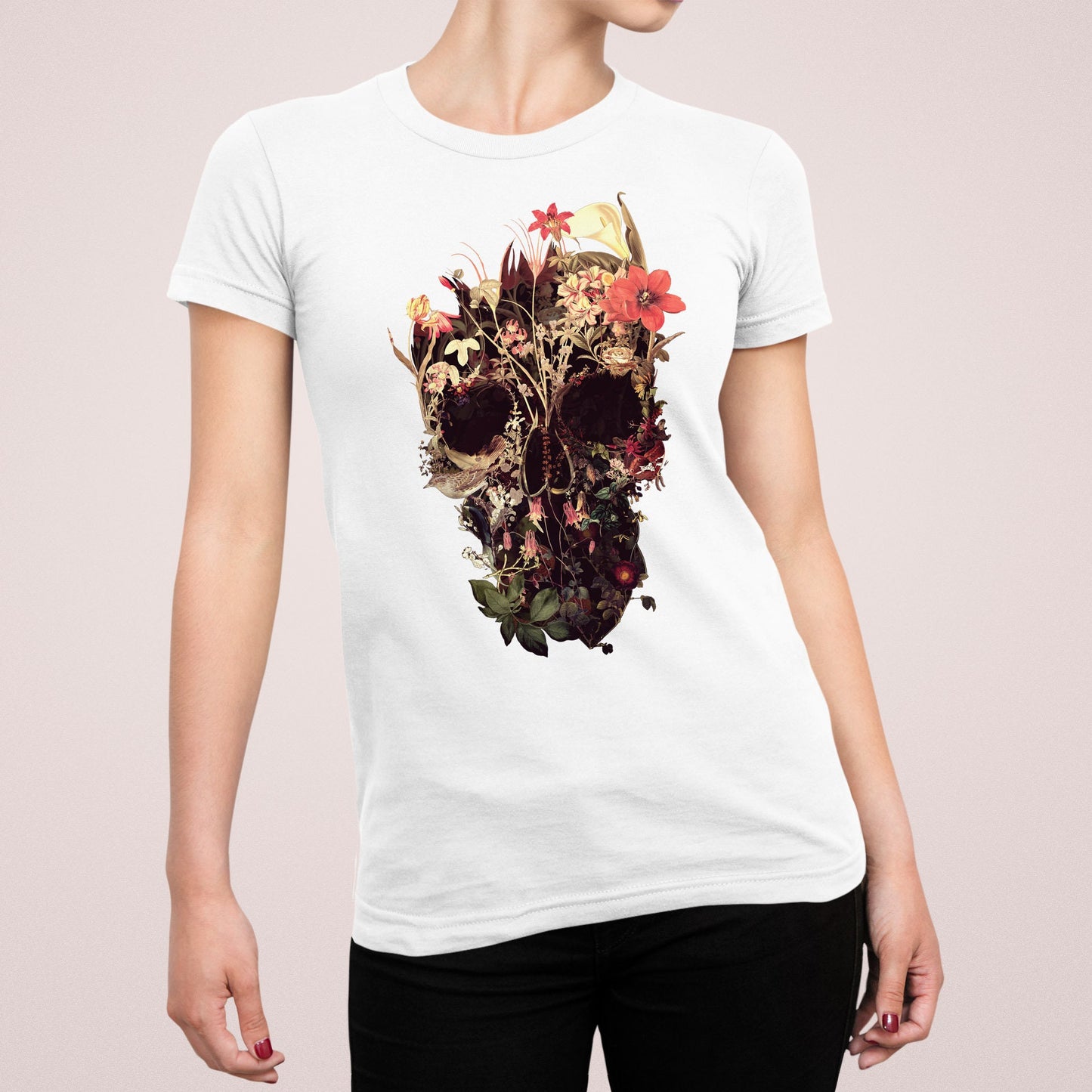 Bloom Skull Womens T-Shirt, Sugar Skull Art Tshirt Gift For Her, Floral Skull Print Boho Graphic Tee, Flower Skull Bella Canvas T-Shirt