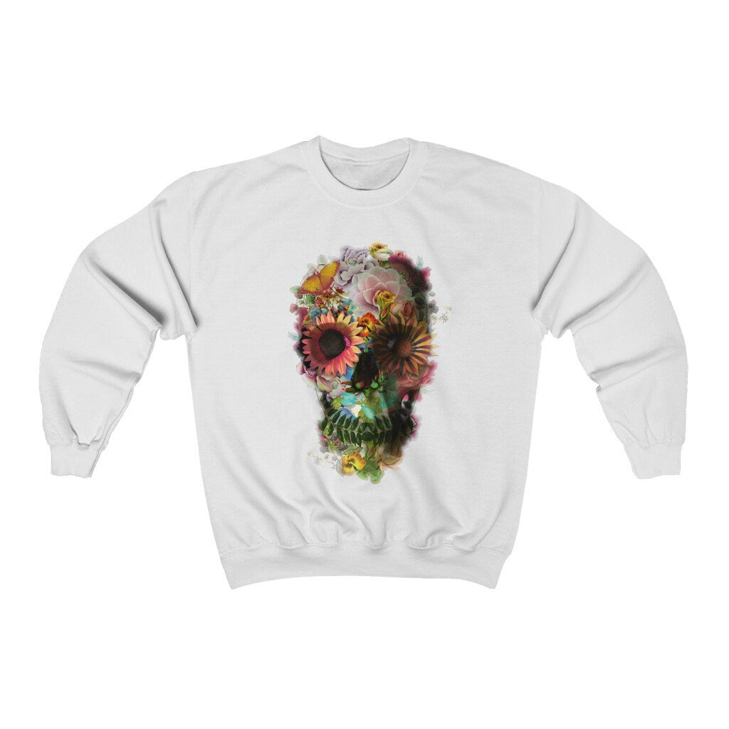 Floral Skull Sweatshirt, Boho Skull Unisex Crewneck Sweatshirt, Gothic Sugar Skull Womens Heavy Blend Sweatshirt, Gildan Sweatshirt Gift