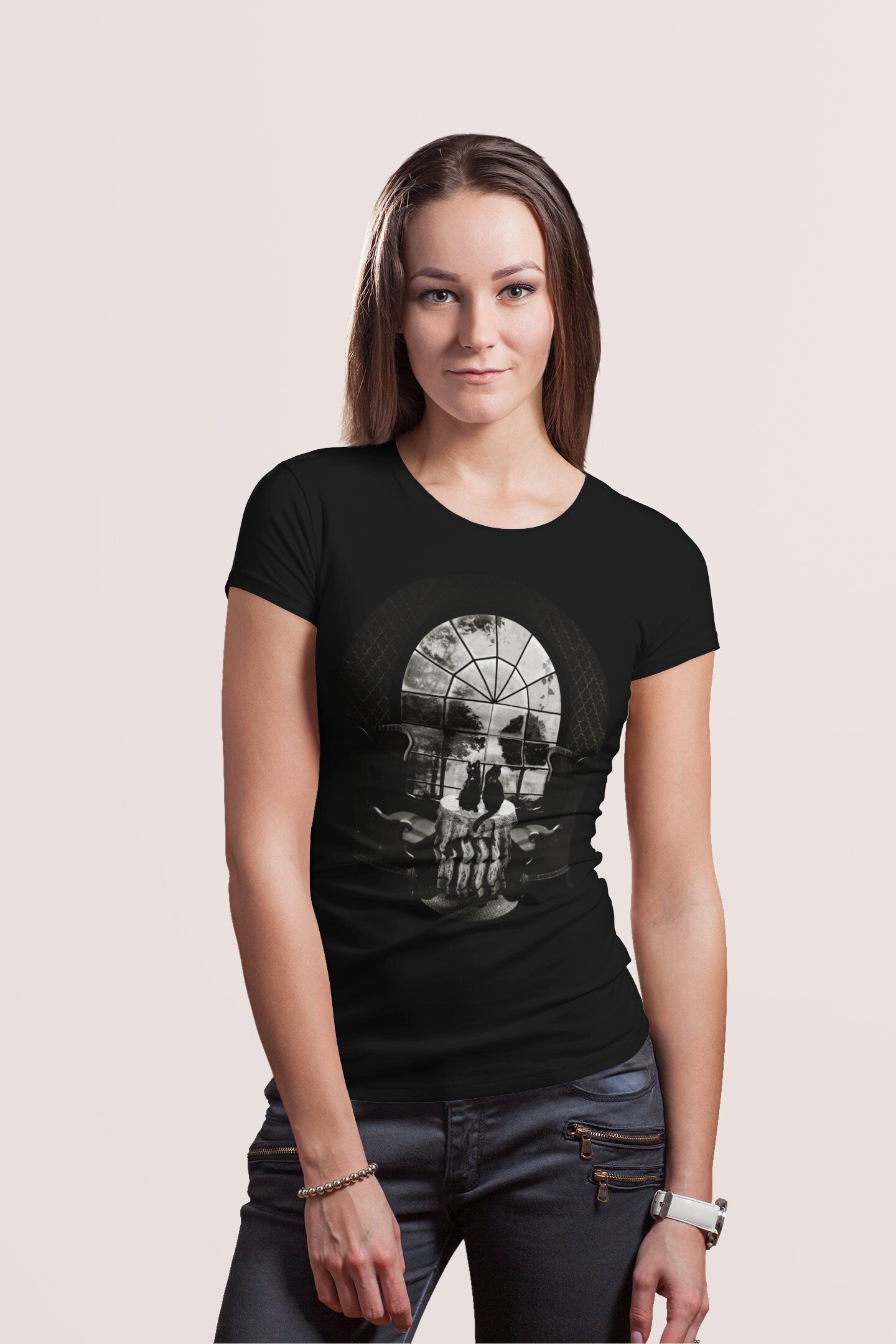 Skull Print Womens T shirt, Skull Illusion Art Tshirt Gift For Her, Floral Sugar Skull Print Boho Graphic Tee, Gothic Bella Canvas T-Shirt
