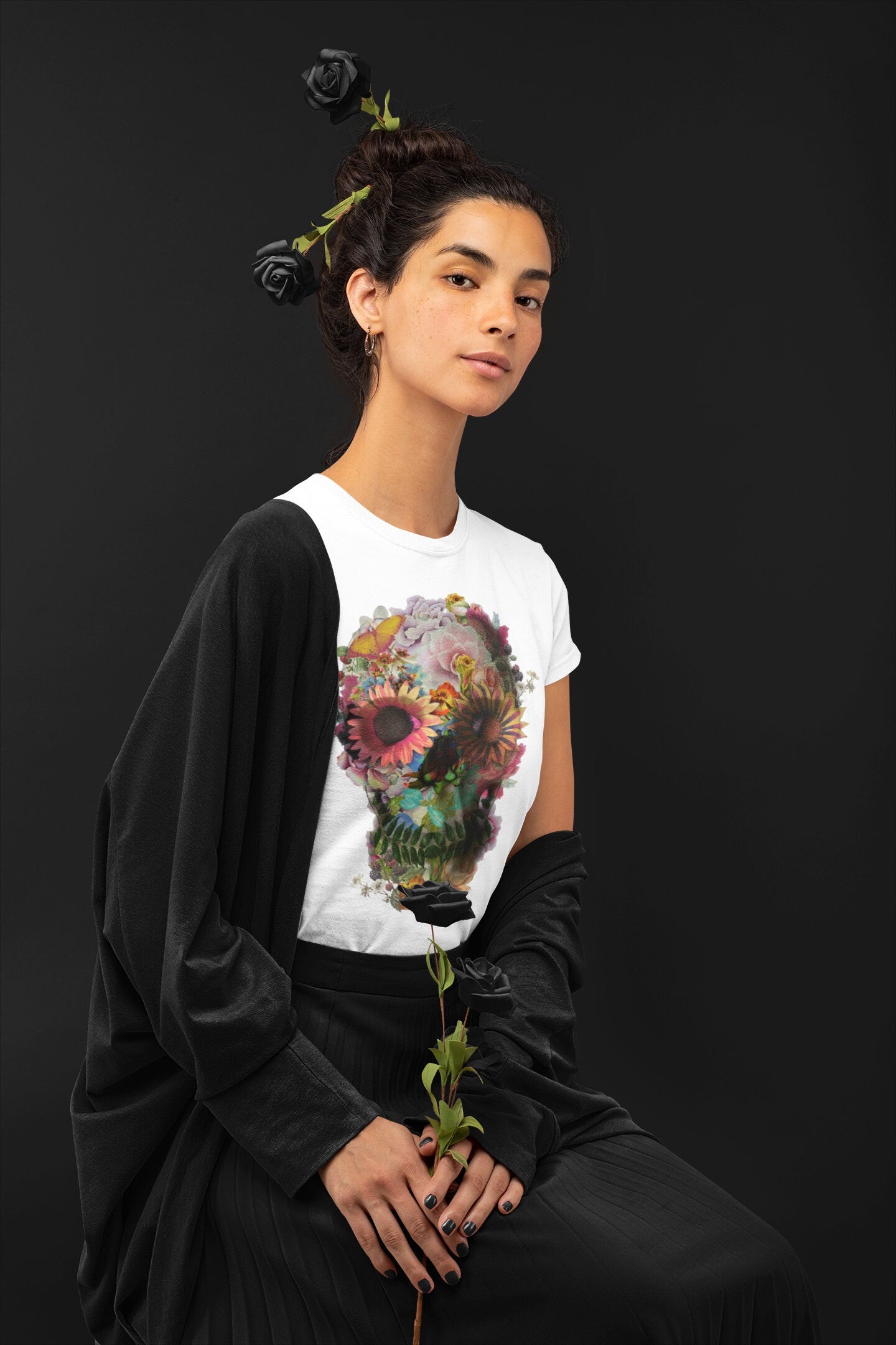Floral Skull Print Womens T shirt, Sugar Skull Art Tshirt Gift For Her, Nature Skull Illustration Boho Graphic Tee, Bella Canvas T-Shirt