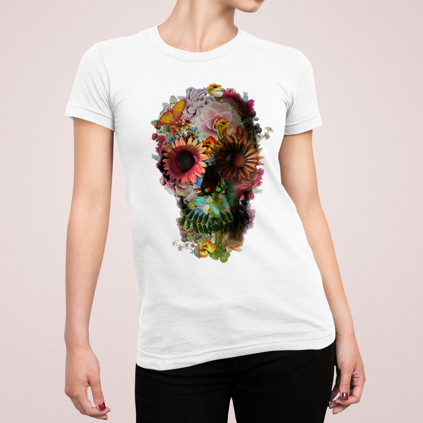 Floral Skull Print Womens T shirt, Sugar Skull Art Tshirt Gift For Her, Nature Skull Illustration Boho Graphic Tee, Bella Canvas T-Shirt