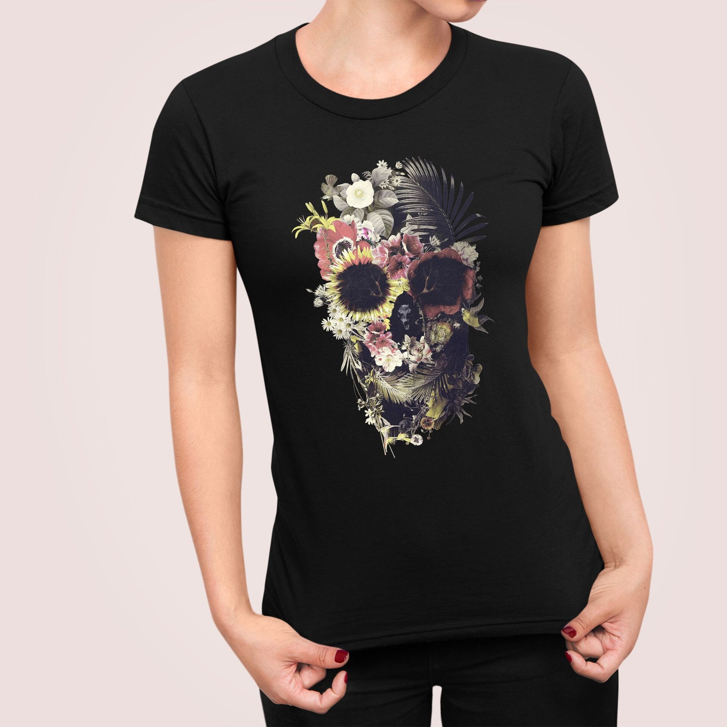 Floral Skull Print Womens T shirt, Sugar Skull Art Tshirt Gift For Her, Boho Skull Print Tshirt, Gothic Skull Bella Canvas Tshirt Gift