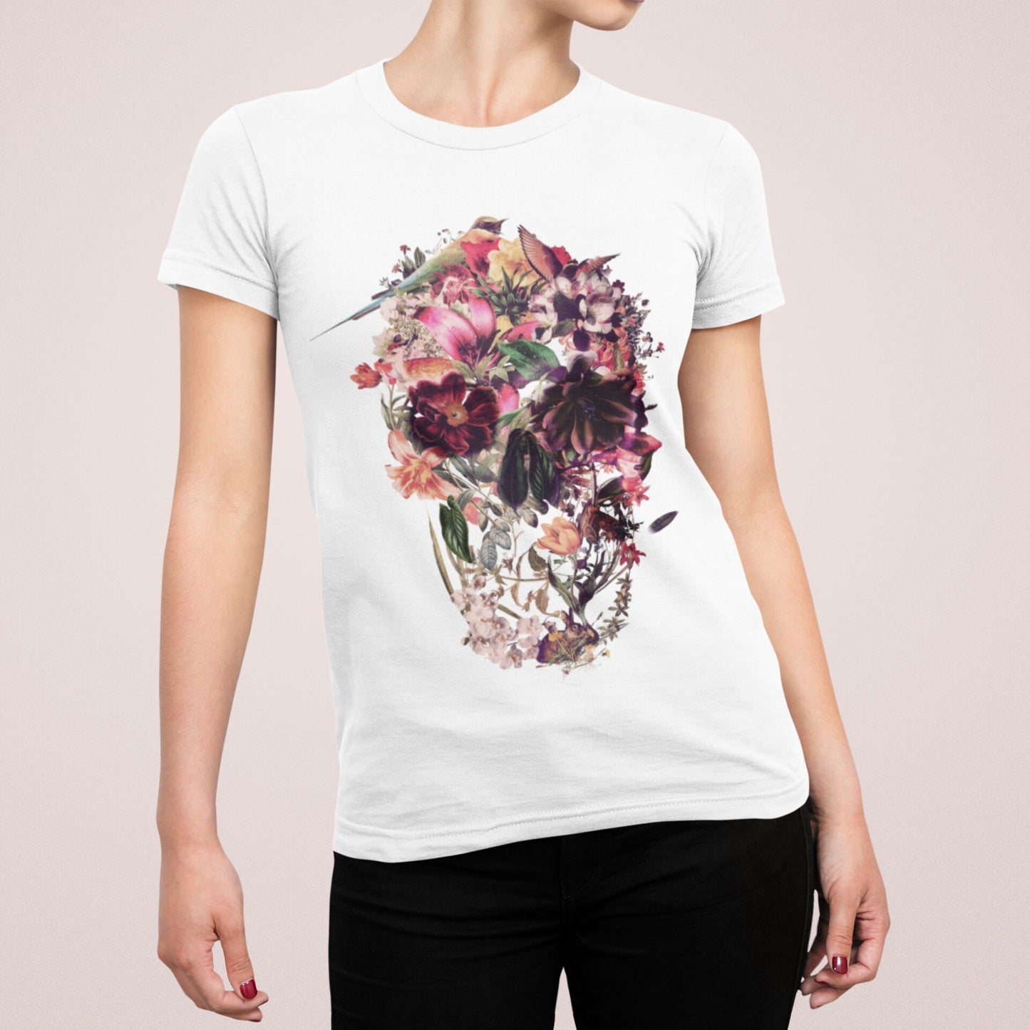 Flower Skull Print Womens T shirt, Sugar Skull Art Tshirt Gift For Her, Floral Skull Print Boho Graphic Tee, Bella Canvas T-Shirt