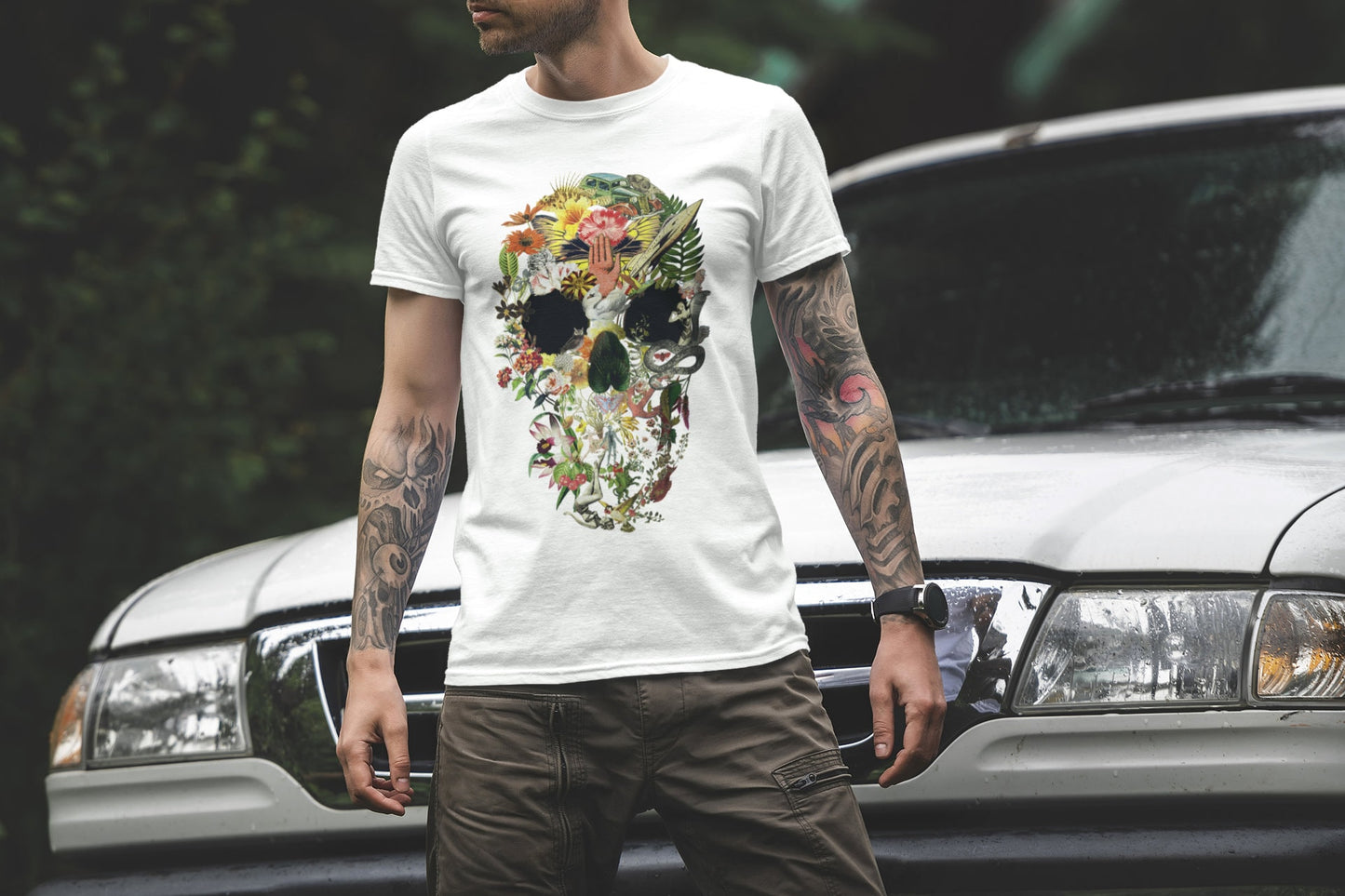 Skull Art Men's T shirt, Sugar Skull Print Shirt Gift For Him, Bella Canvas Gothic Skull T Shirt Gift, Floral Skull Art Unisex Tee Gift