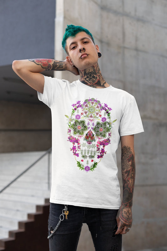 Blossom Skull Men's T-shirt, Flower Skull Mens Graphic Tee, Sugar Skull Mens Boho TShirt, Bella Canvas Skull Print Shirt Gift For Him