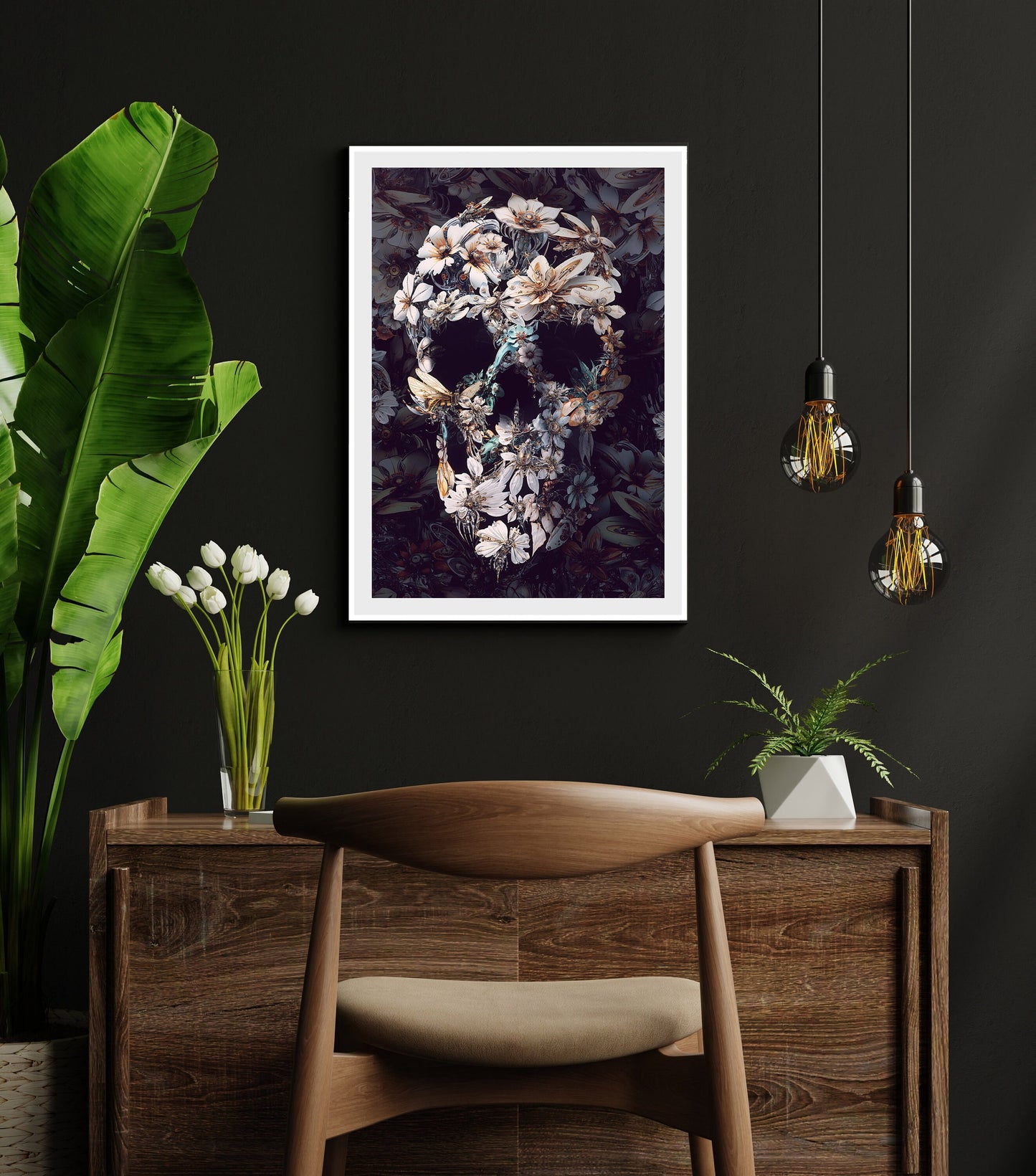 Dark Skull Poster, Gothic Skull Art Print, Detailed Flower Skull Wall Art, Halloween Skull Illusion Gift