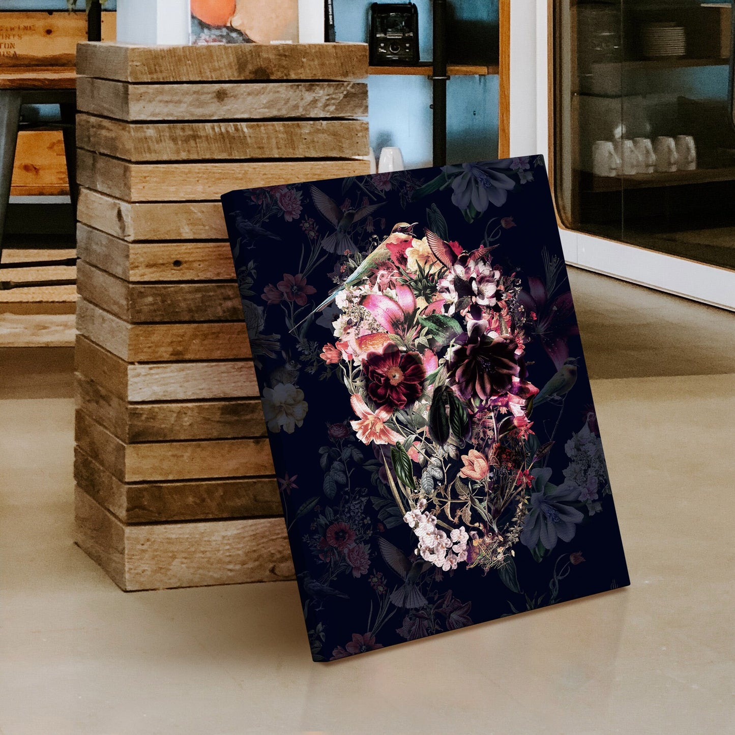 Dark Floral Canvas Print, Flower Skull Canvas Art Print, Boho Skull Canvas Art, Sugar Skull Home Decor Gift