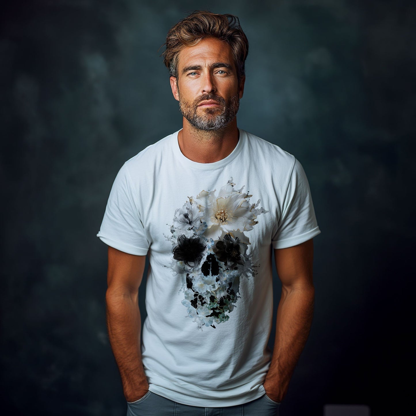 Bloom Skull Men's T shirt, Skull Printed Shirt Gift For Him, Bella Canvas Skull Art Graphic Tee Gift