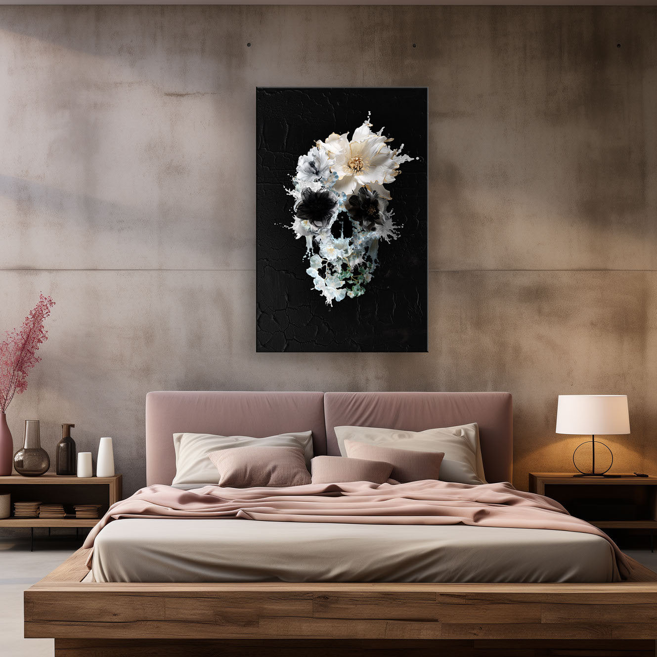 Bloom Skull Canvas Print, Black And White Skull Canvas Art Print, Gothic Sugar Skull Art Home Decor Gift, Boho Skull Illusion Art