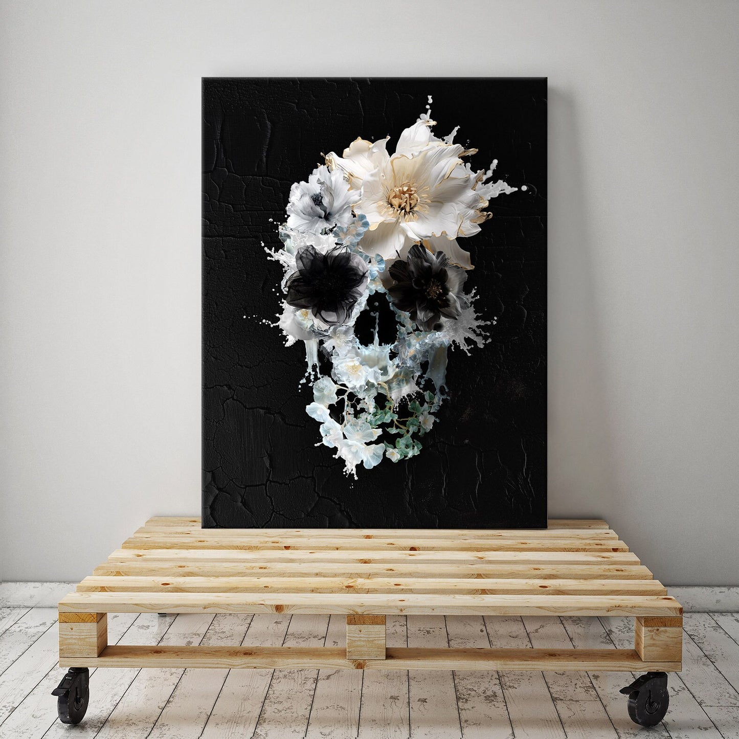 Bloom Skull Canvas Print, Black And White Skull Canvas Art Print, Gothic Sugar Skull Art Home Decor Gift, Boho Skull Illusion Art