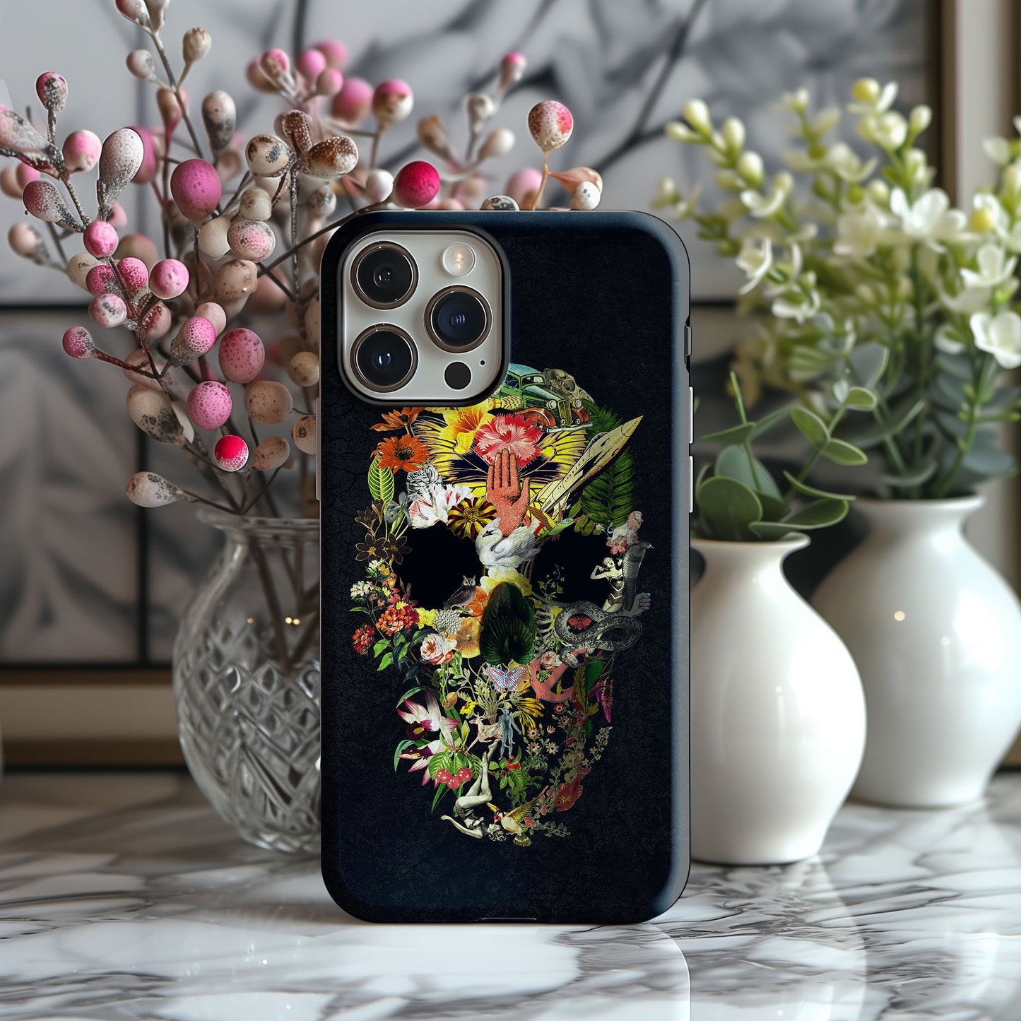 Boho Skull iPhone 15 Case, Bloom Skull iPhone Case, Flower Skull Samsung Case, Sugar Skull Phone Case Gift, Skull Case For iPhone 13 Mini