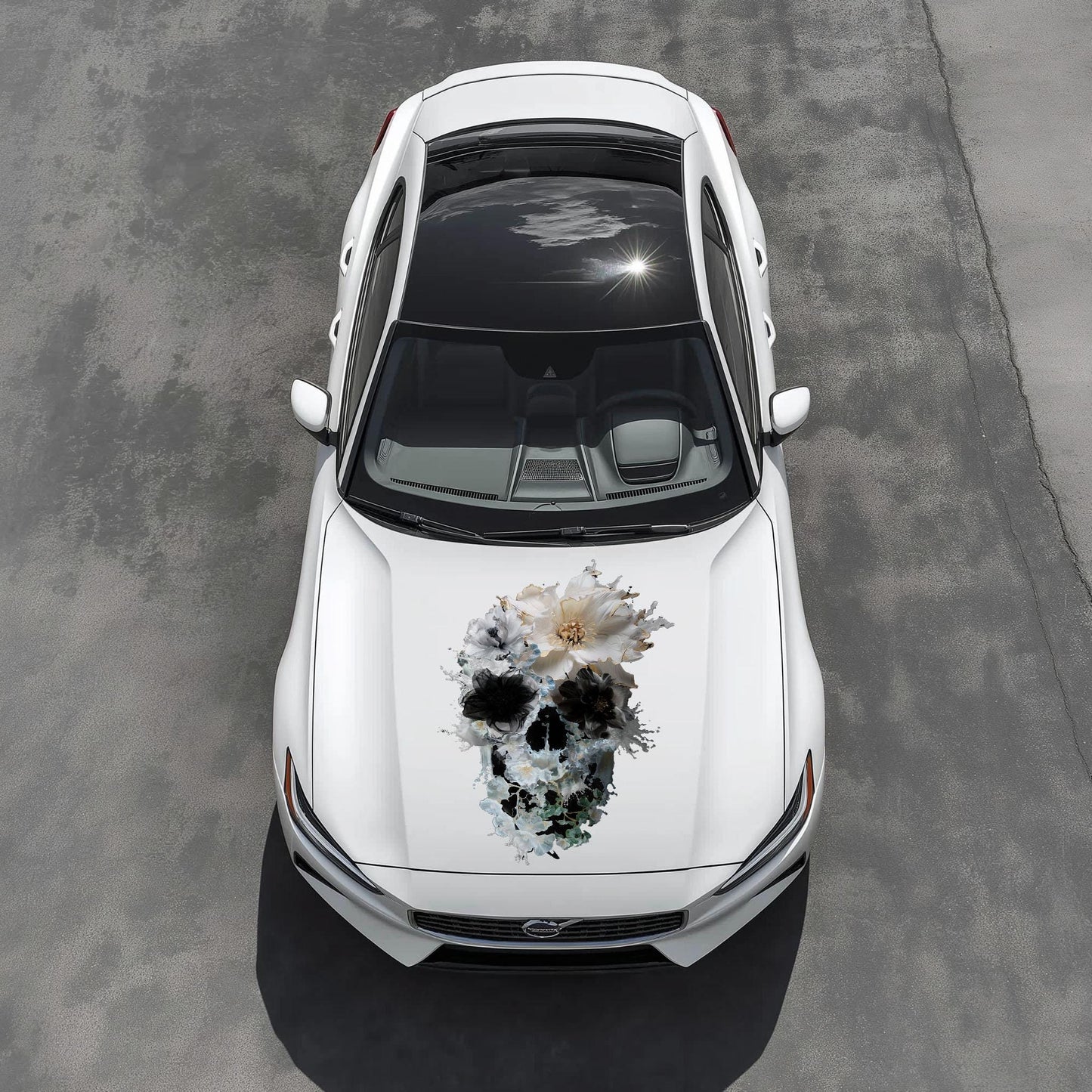 Skull Hood Decal, Skull Car Hood Sticker, Floral Sugar Skull Art Car Decor, Gothic Skull Hood Art Gift, Floral Skull Decal