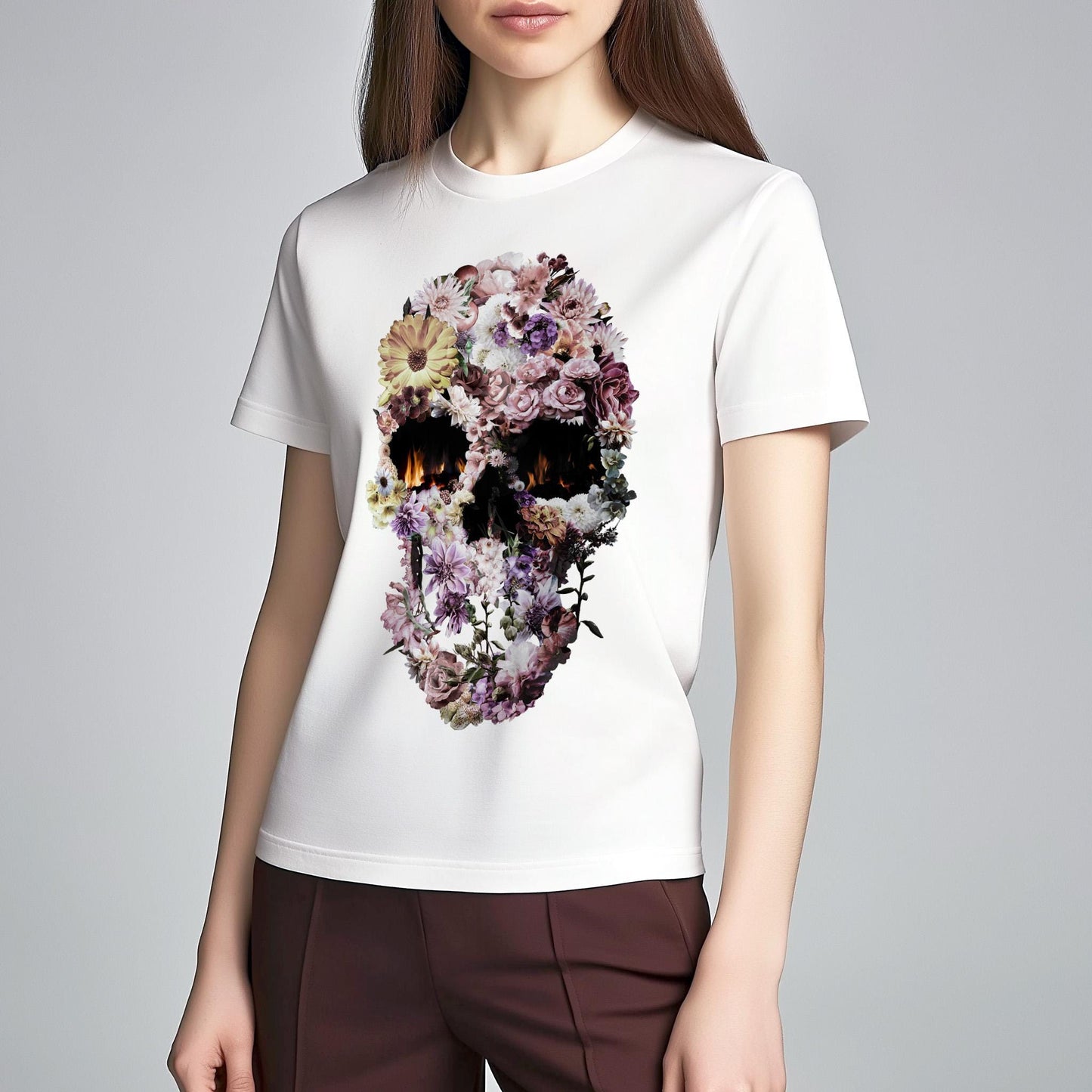 Colorful Flowers Skull Unisex T-shirt, Original Bloom Skull Art Gift
