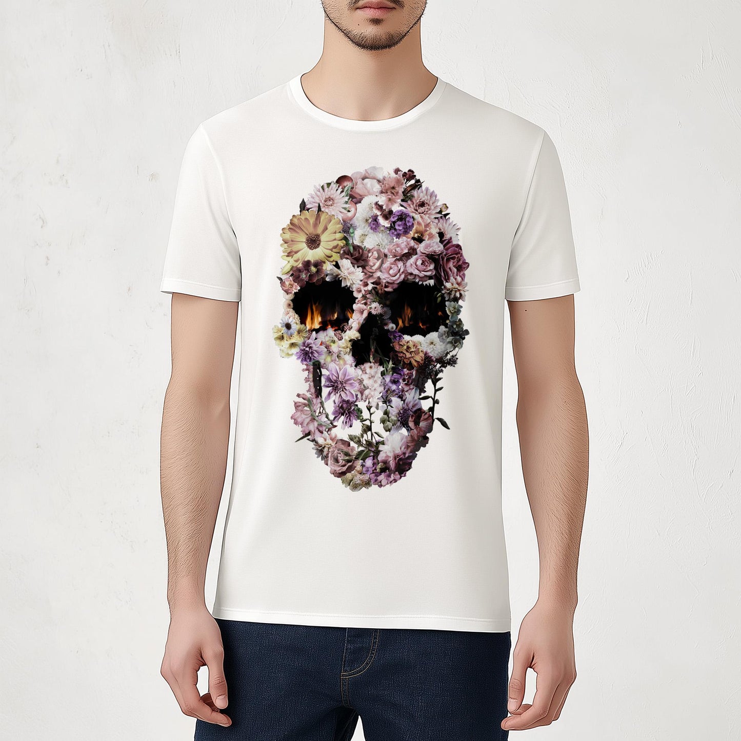 Colorful Flowers Skull Unisex T-shirt, Original Bloom Skull Art Gift