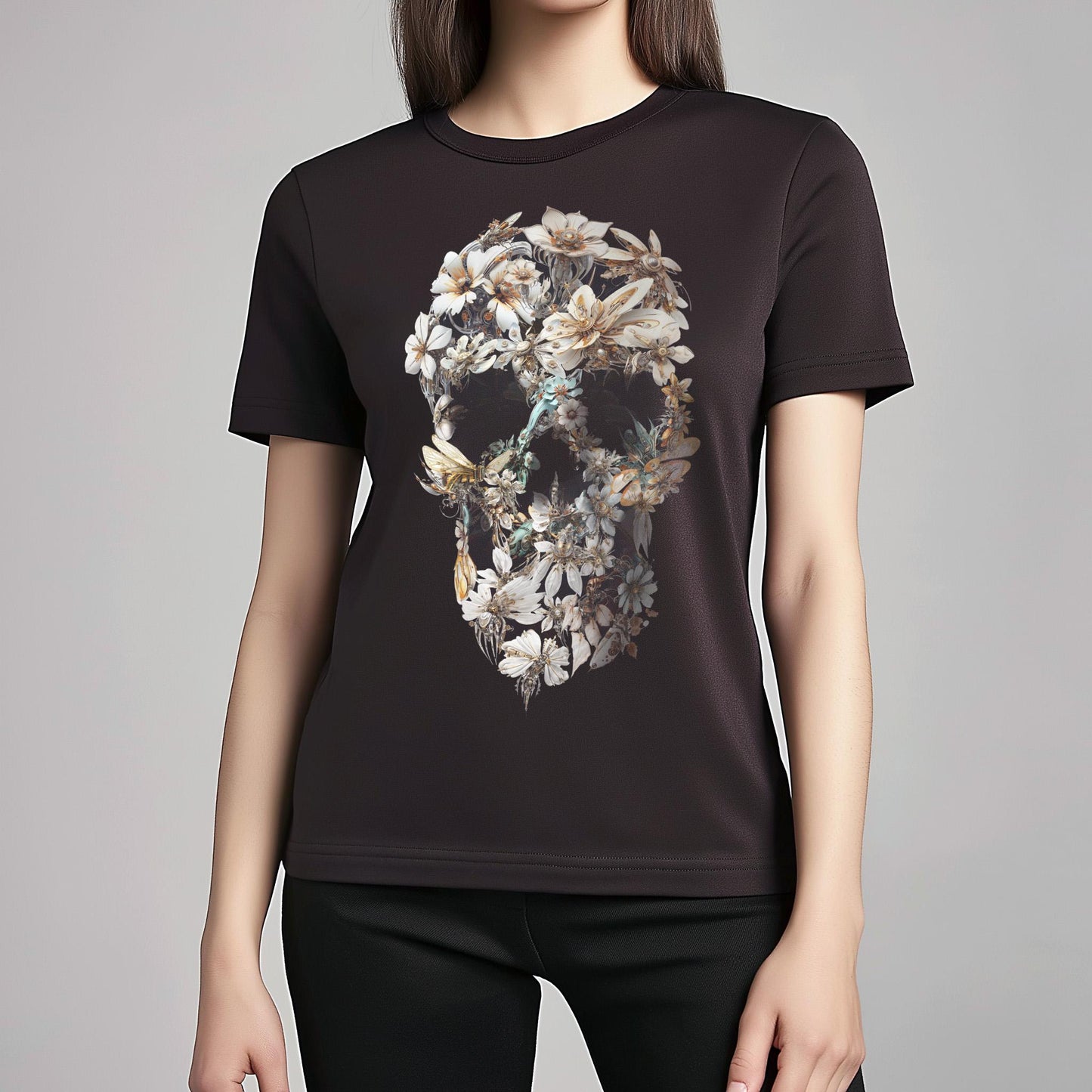 Flower Skull Print T-Shirt: Bohemian Unisex Art Gift