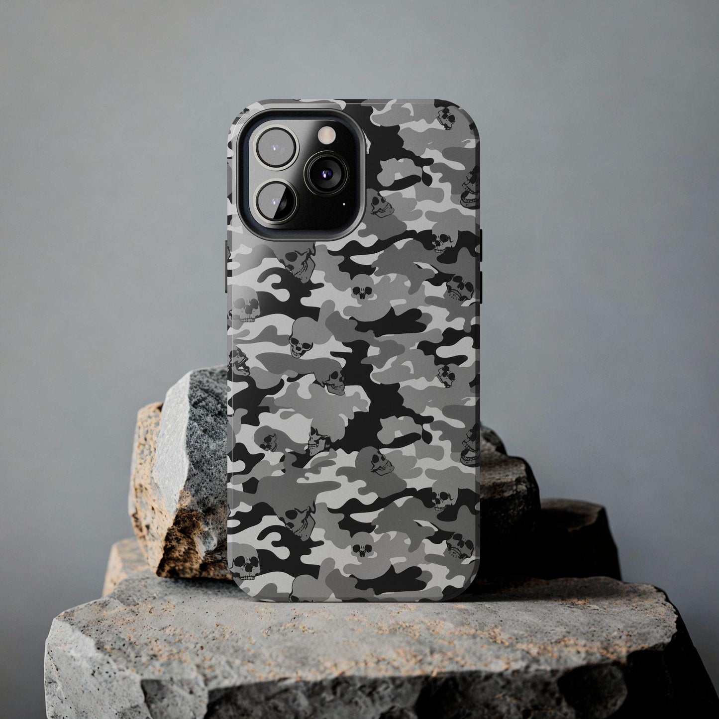 Gray Camo Skull Tough Phone Case, Military Phone Cover, Protective Cellphone Case, Camouflage Phone Shell, Rugged Smartphone Case