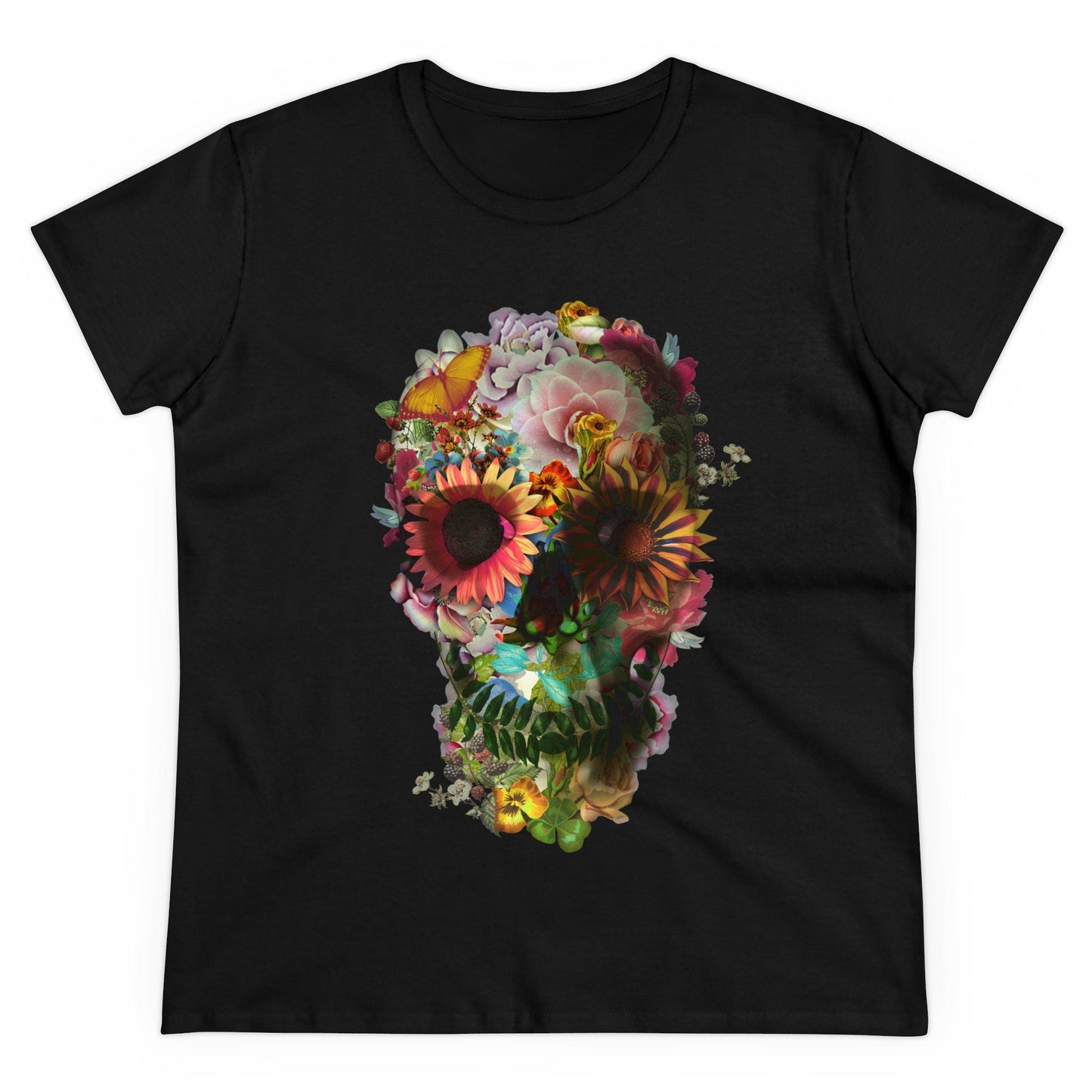 Floral Skull Graphic Tee, Edgy Womens T-Shirt, Unique Gift, Summer Style, Boho Chic Attire, Halloween Fashion